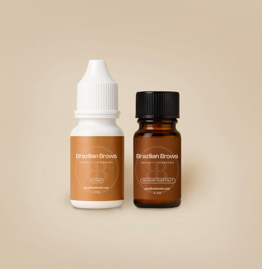 Two bottles of 'Brazilian Brows' hair color on a beige background